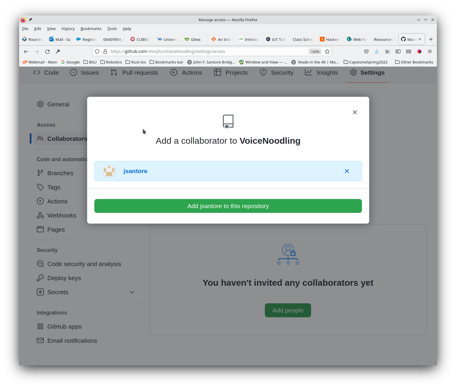 the add collaborator dialog with userjsantore selected