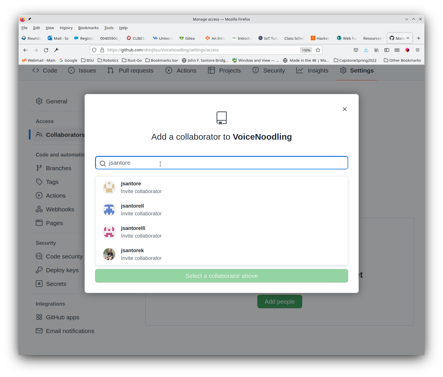 the search user dialog with user jsantore typed in